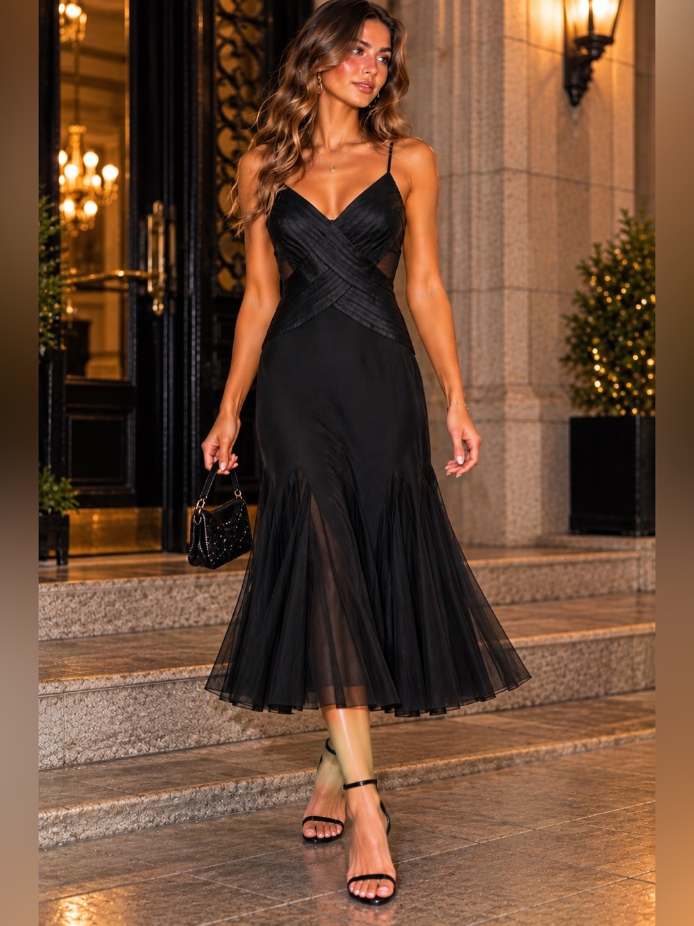 Cache Black Mesh Godet Midi Dress 8 Satin Y2K Evening Cocktail Vintage Feminine